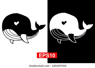Black and White Vector Illustration of Hand Drawn Sketch of Whale Animal Icon on Isolated Background