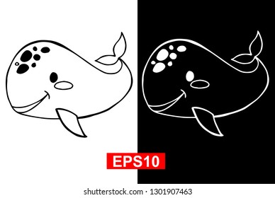 Black and White Vector Illustration of Hand Drawn Sketch of Whale Animal Icon on Isolated Background