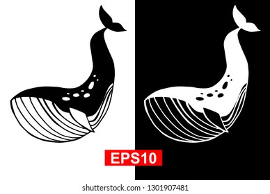 Black and White Vector Illustration of Hand Drawn Sketch of Whale Animal Icon on Isolated Background