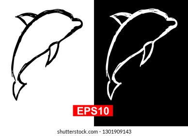 Black and White Vector Illustration of Hand Drawn Sketch of Dolphin Animal Icon on Isolated Background