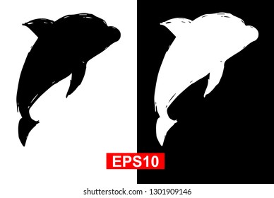 Black and White Vector Illustration of Hand Drawn Sketch of Dolphin Animal Icon on Isolated Background