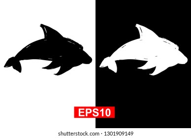 Black and White Vector Illustration of Hand Drawn Sketch of Dolphin Animal Icon on Isolated Background