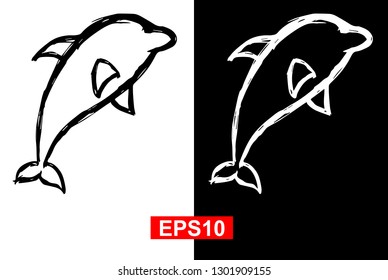 Black and White Vector Illustration of Hand Drawn Sketch of Dolphin Animal Icon on Isolated Background