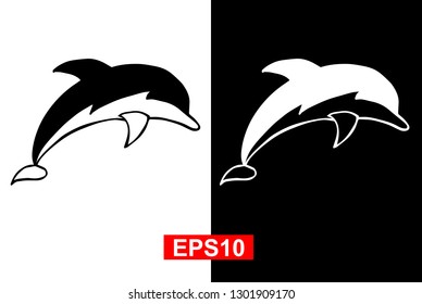 Black and White Vector Illustration of Hand Drawn Sketch of Dolphin Animal Icon on Isolated Background