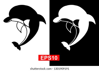 Black and White Vector Illustration of Hand Drawn Sketch of Dolphin Animal Icon on Isolated Background