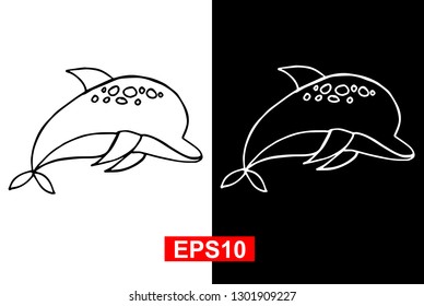 Black and White Vector Illustration of Hand Drawn Sketch of Dolphin Animal Icon on Isolated Background