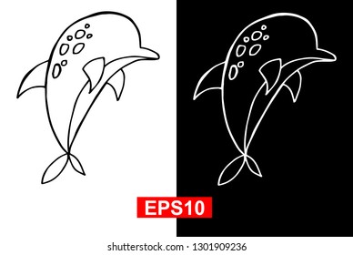 Black and White Vector Illustration of Hand Drawn Sketch of Dolphin Animal Icon on Isolated Background