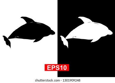 Black and White Vector Illustration of Hand Drawn Sketch of Dolphin Animal Icon on Isolated Background