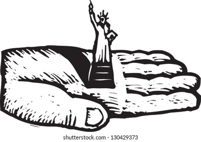 Black and white vector illustration of hand holding miniature