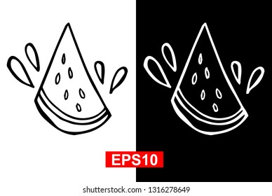 Black and White Vector Illustration of Hand Drawn Sketch of Watermelon Fruit Icon on Isolated Background. 