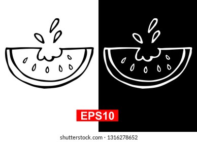 Black and White Vector Illustration of Hand Drawn Sketch of Watermelon Fruit Icon on Isolated Background. 