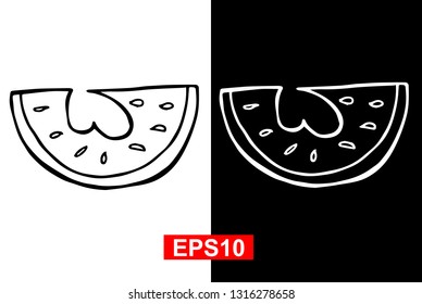 Black and White Vector Illustration of Hand Drawn Sketch of Watermelon Fruit Icon on Isolated Background. 