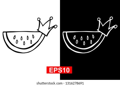 Black and White Vector Illustration of Hand Drawn Sketch of Watermelon Fruit Icon on Isolated Background. 