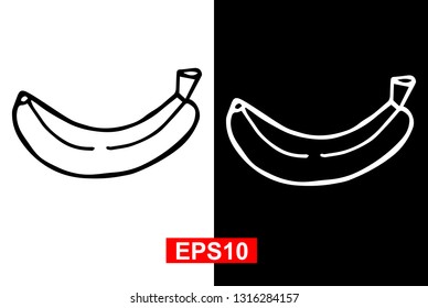 Black and White Vector Illustration of Hand Drawn Sketch of Banana Fruit Icon on Isolated Background. 