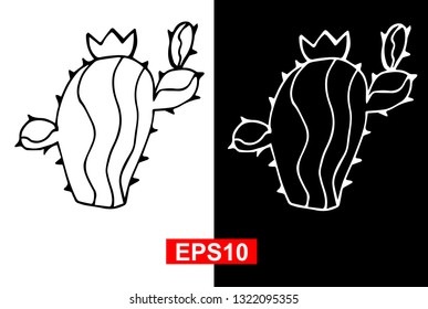 Black and White Vector Illustration of Hand Drawn Sketch of Cactus Plant Icon on Isolated Background