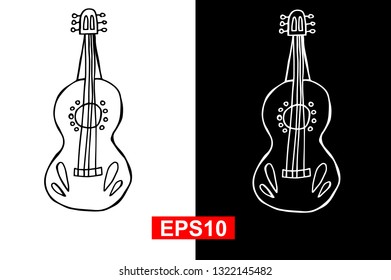 Black and White Vector Illustration of Hand Drawn Sketch of Guitar Icon for Cinco De Mayo on Isolated Background