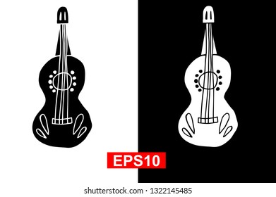 Black and White Vector Illustration of Hand Drawn Sketch of Guitar Icon for Cinco De Mayo on Isolated Background