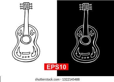 Black and White Vector Illustration of Hand Drawn Sketch of Guitar Icon for Cinco De Mayo on Isolated Background