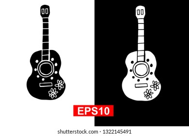 Black and White Vector Illustration of Hand Drawn Sketch of Guitar Icon for Cinco De Mayo on Isolated Background