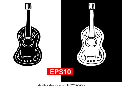 Black and White Vector Illustration of Hand Drawn Sketch of Guitar Icon for Cinco De Mayo on Isolated Background