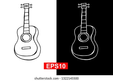 Black and White Vector Illustration of Hand Drawn Sketch of Guitar Icon for Cinco De Mayo on Isolated Background