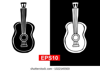 Black and White Vector Illustration of Hand Drawn Sketch of Guitar Icon for Cinco De Mayo on Isolated Background