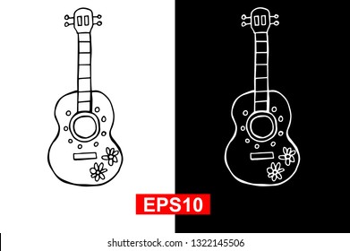 Black and White Vector Illustration of Hand Drawn Sketch of Guitar Icon for Cinco De Mayo on Isolated Background