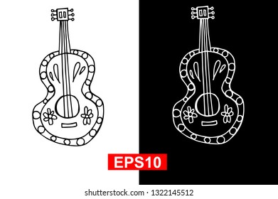 Black and White Vector Illustration of Hand Drawn Sketch of Guitar Icon for Cinco De Mayo on Isolated Background