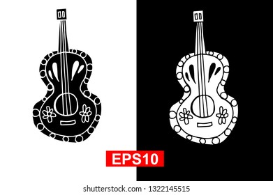 Black and White Vector Illustration of Hand Drawn Sketch of Guitar Icon for Cinco De Mayo on Isolated Background