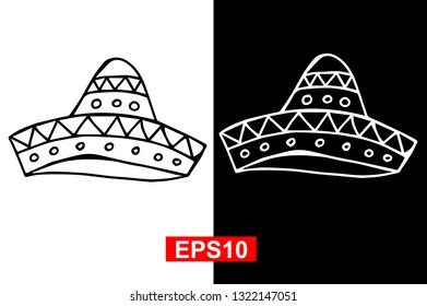 Black and White Vector Illustration of Hand Drawn Sketch of Hat Icon for Cinco De Mayo on Isolated Background