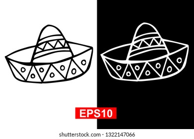Black and White Vector Illustration of Hand Drawn Sketch of Hat Icon for Cinco De Mayo on Isolated Background