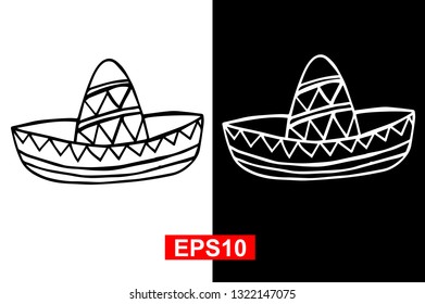 Black and White Vector Illustration of Hand Drawn Sketch of Hat Icon for Cinco De Mayo on Isolated Background