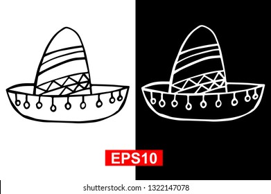 Black and White Vector Illustration of Hand Drawn Sketch of Hat Icon for Cinco De Mayo on Isolated Background