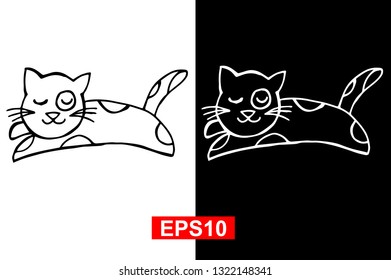 Black and White Vector Illustration of Hand Drawn Sketch of Sleeping Cat Animal on Isolated Background