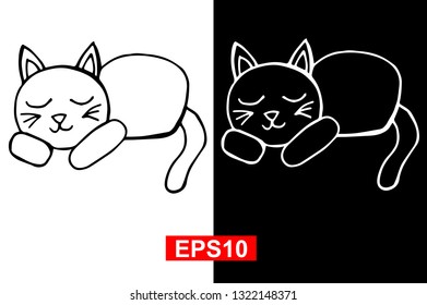 Black and White Vector Illustration of Hand Drawn Sketch of Sleeping Cat Animal on Isolated Background