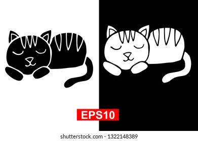 Black and White Vector Illustration of Hand Drawn Sketch of Sleeping Cat Animal on Isolated Background