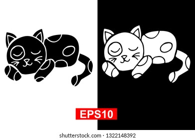 Black and White Vector Illustration of Hand Drawn Sketch of Sleeping Cat Animal on Isolated Background