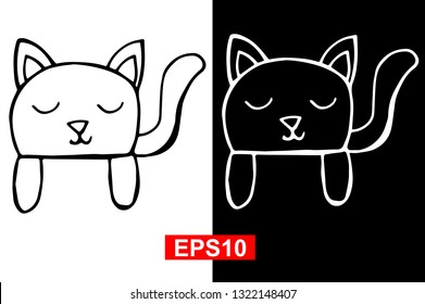 Black and White Vector Illustration of Hand Drawn Sketch of Sleeping Cat Animal on Isolated Background