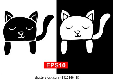 Black and White Vector Illustration of Hand Drawn Sketch of Sleeping Cat Animal on Isolated Background