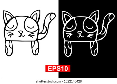 Black and White Vector Illustration of Hand Drawn Sketch of Sleeping Cat Animal on Isolated Background