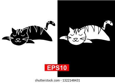 Black and White Vector Illustration of Hand Drawn Sketch of Sleeping Cat Animal on Isolated Background
