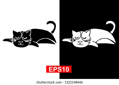 Black and White Vector Illustration of Hand Drawn Sketch of Sleeping Cat Animal on Isolated Background