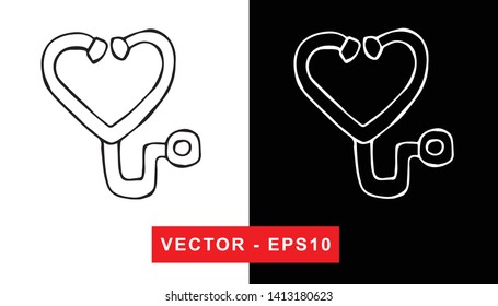 Black and White Vector Illustration of Hand Drawn Sketch of Stethoscope Medical Icon on Isolated Background