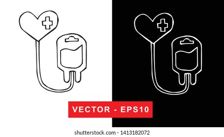 Black and White Vector Illustration of Hand Drawn Sketch of Blood Bag Medical Icon on Isolated Background