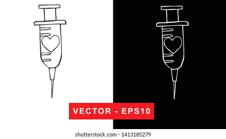 Black and White Vector Illustration of Hand Drawn Sketch of Injection Medical Icon on Isolated Background