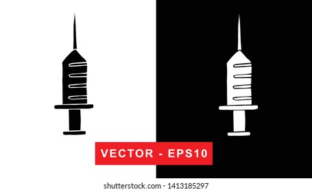 Black and White Vector Illustration of Hand Drawn Sketch of Injection Medical Icon on Isolated Background