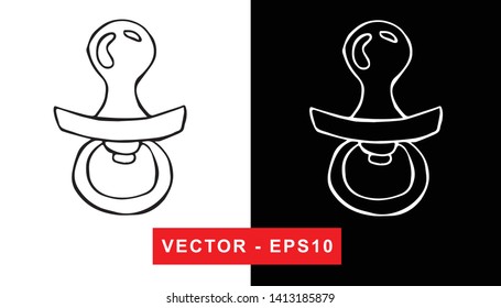 Black and White Vector Illustration of Hand Drawn Sketch of Baby Pacifier Icon on Isolated Background