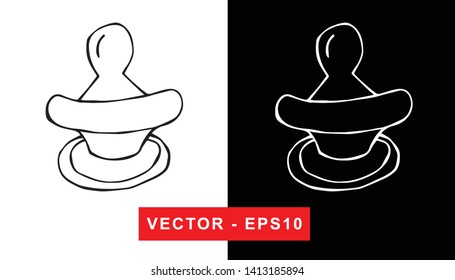 Black and White Vector Illustration of Hand Drawn Sketch of Baby Pacifier Icon on Isolated Background