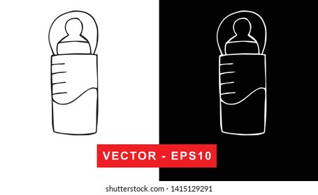 Black and White Vector Illustration of Hand Drawn Sketch of Baby Milk Bottle Icon on Isolated Background