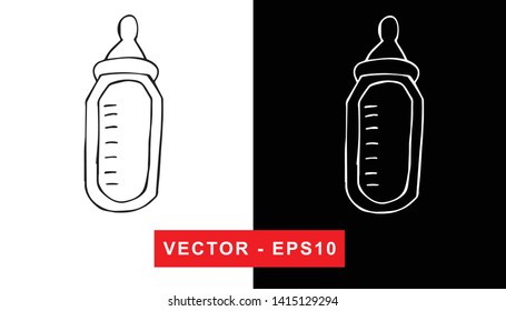 Black and White Vector Illustration of Hand Drawn Sketch of Baby Milk Bottle Icon on Isolated Background